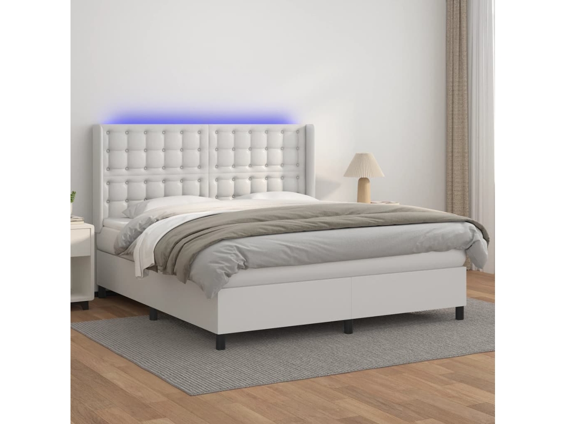 Vidaxl Cama Box Spring C/colchão/led 160x200cm Couro Artificial Branco