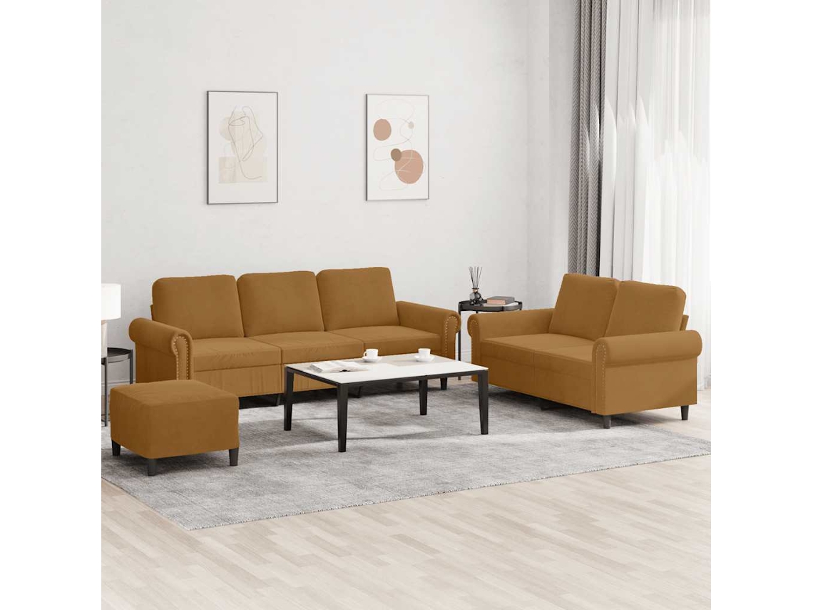 Vidaxl 3 Pcs Conjunto De Sofás Com Almofadões Veludo Castanho