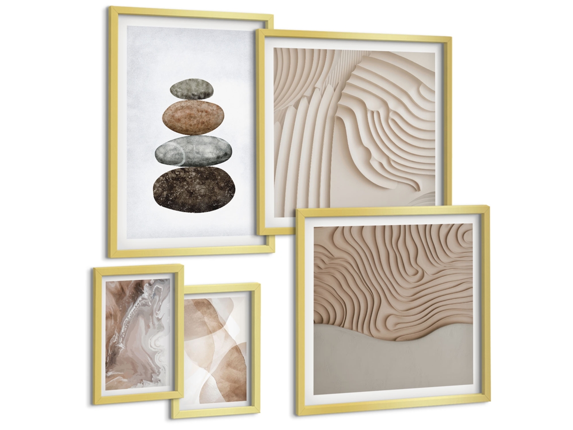 Composição De Quadros Formas E Rostos Abstratos Moldura Dourada Quadros Para A Sala De Estar Espelharte (conjunto De 5 Imagens)