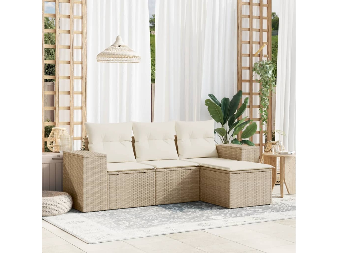 Vidaxl 4 Pcs Conjunto De Sofás Para Jardim C/ Almofadões Vime Pe Bege