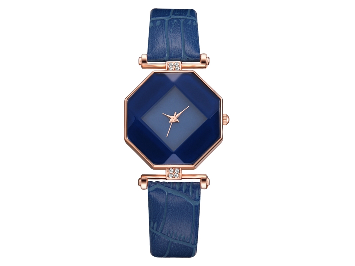 Relógio Feminino Pulseira Couro Pu Mostrador Losango Strass Azul