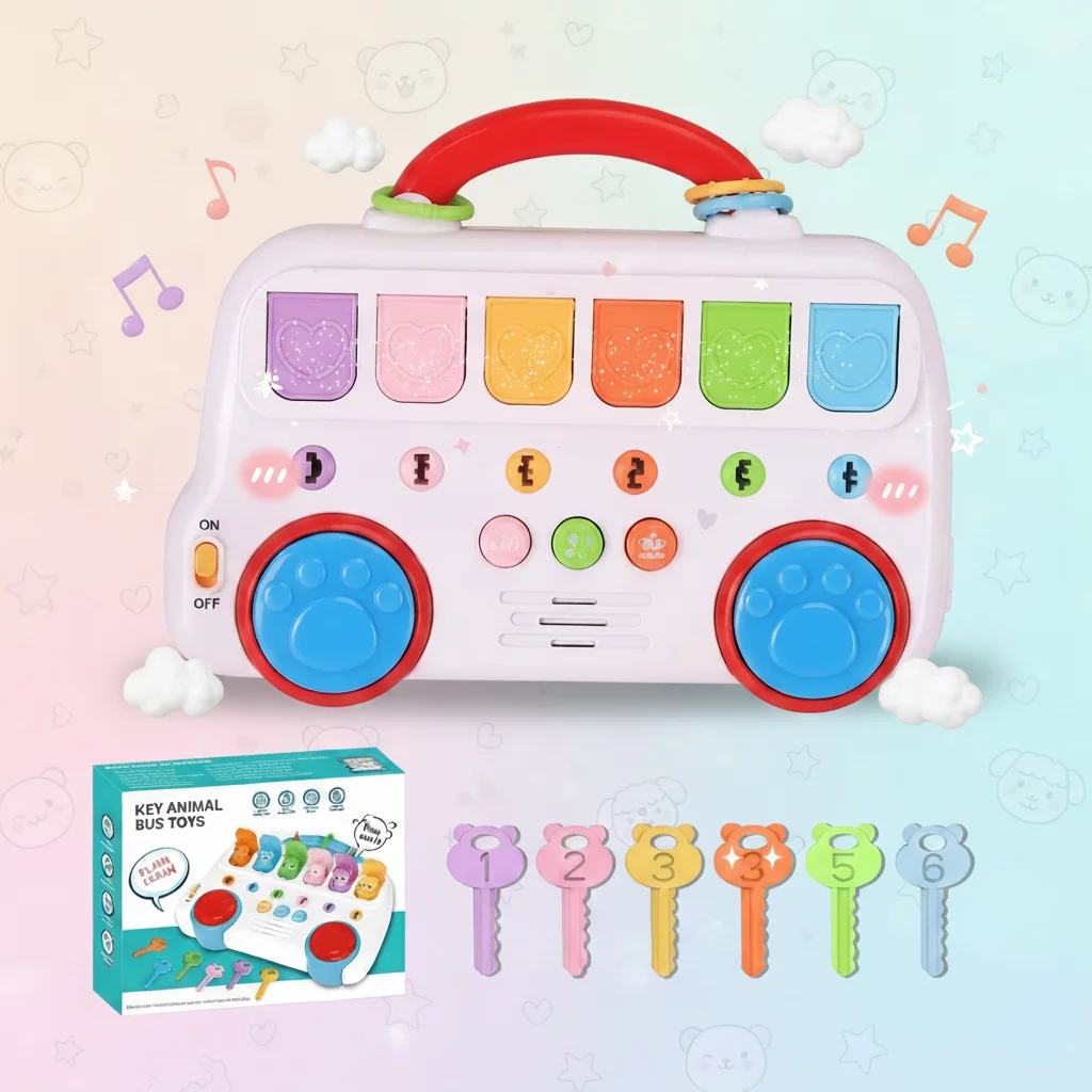 Brinquedo Montessori para Educação Infantil, Ônibus Pop up com Tema de Animais para Combinar Chaves MDUG (azul)