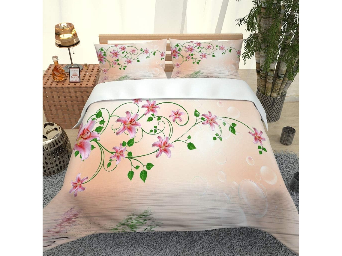 Capa de Edredom com Estampa 3D Rosas Aquáticas em Microfibra Fronha 240x260cm