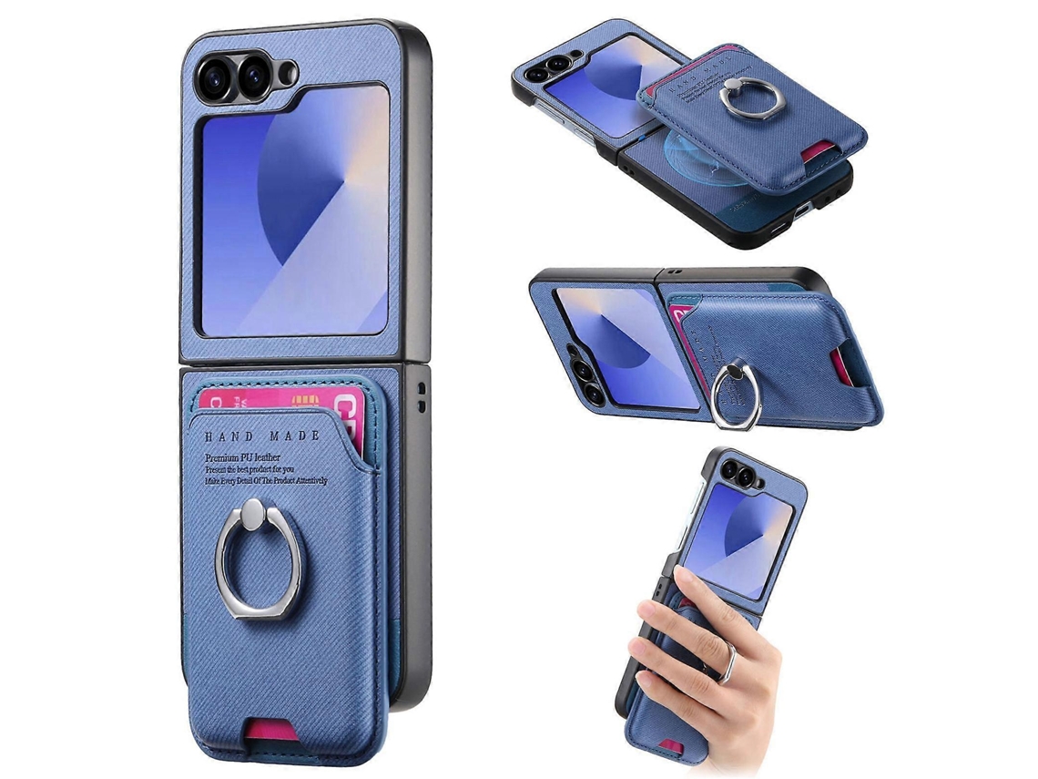 Capa Para Celular Samsung Galaxy Z Flip5 5g Com Fecho Magnético, Compartimento Para Cartão Em Tecido Sarjado E Parte Traseira Em Formato De Anel.