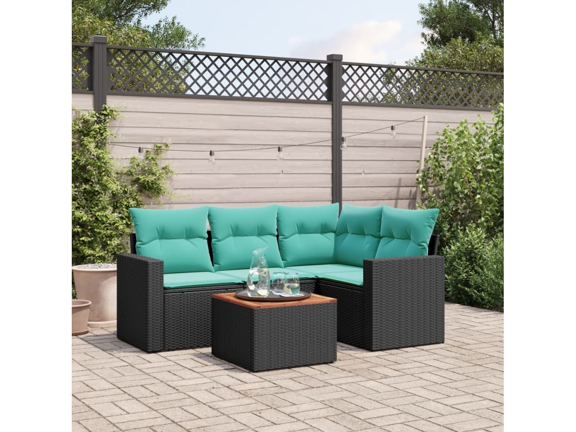 Vidaxl 5 Pcs Conjunto De Sofás P/ Jardim C/ Almofadões Vime Pe Preto