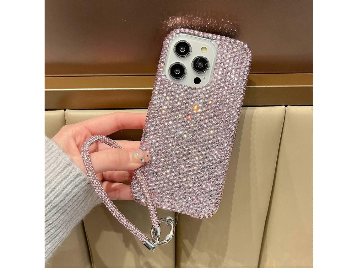 Capa Protetora Luxuosa Com Strass E Corrente De Mão Para Iphone 16 Pro Max - Rosa
