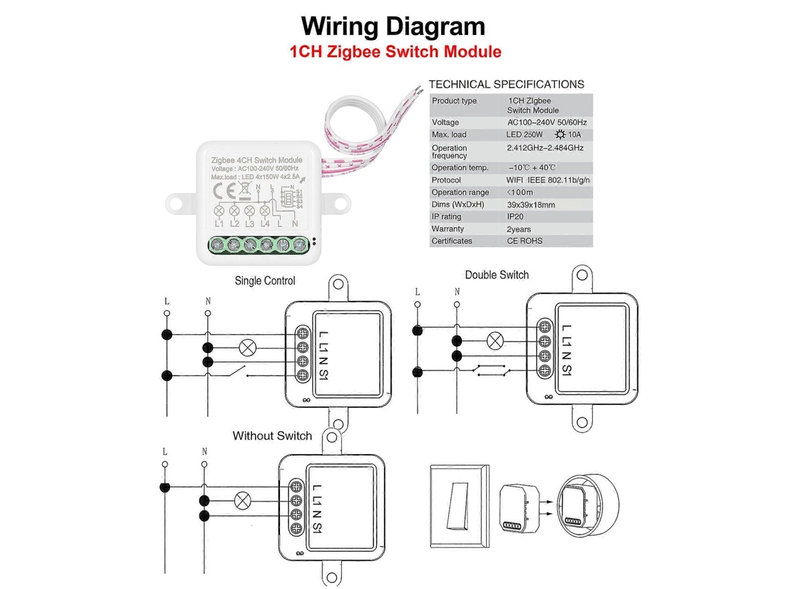 Módulo De Interruptor Inteligente Zigbee 1 Canal, Controle Por Voz, Compatível Com Alexa