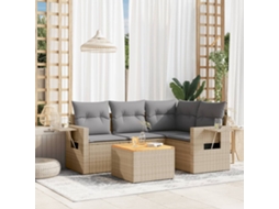 Vidaxl 5 Pcs Conj. Sofás Jardim C/ Almofadões Vime Pe Bege Misturado