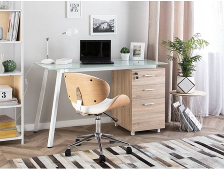 Secretária BELIANI Montevideo Branco e Castanho Claro (130x60cm - MDF)