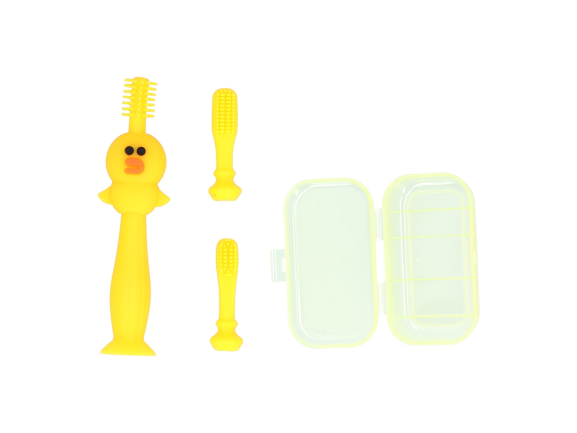 Escova De Dentes De Silicone Para Bebê 6-12 Meses Com Design Cartoon E Cerdas Macias Amarela