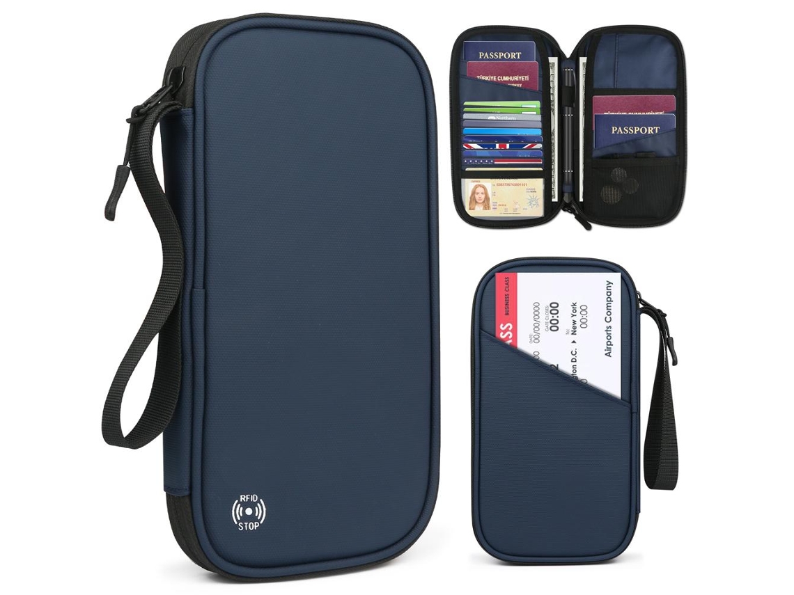 Carteira Porta-passaporte De Viagem Azul Com Proteção Rfid