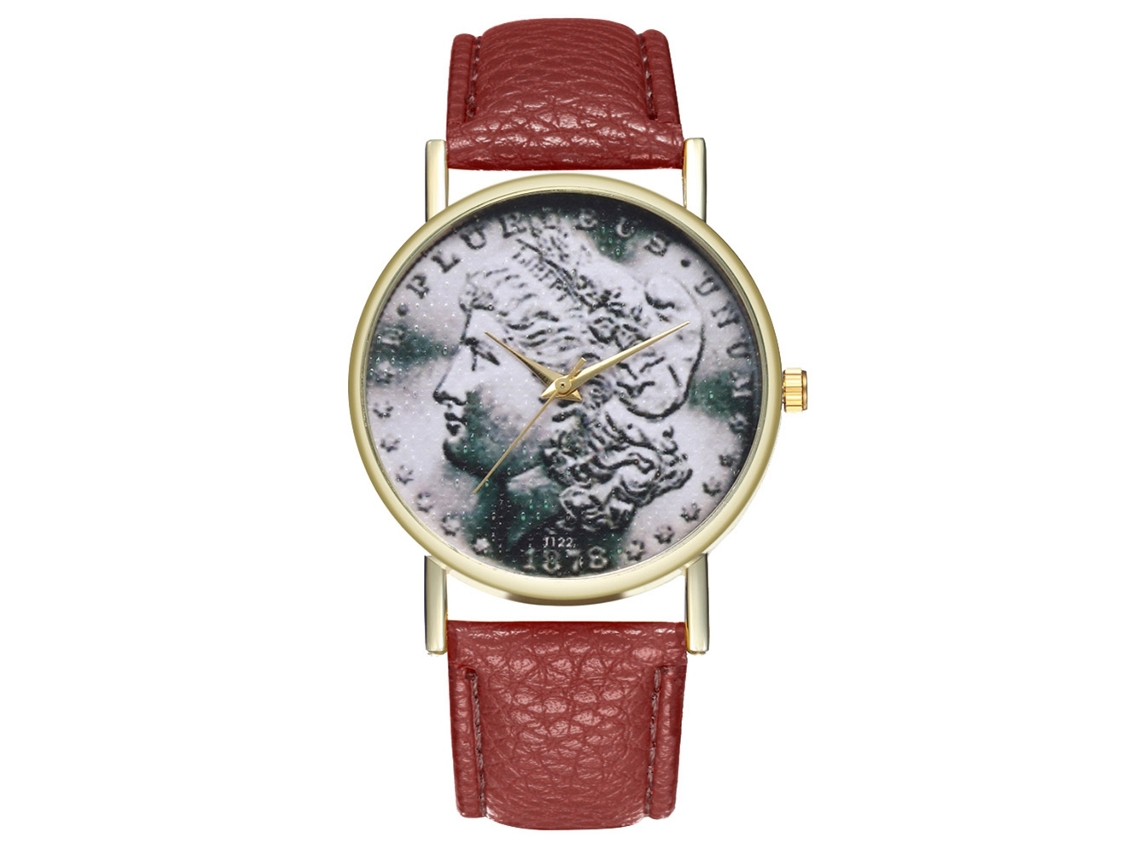 Relógio feminino de quartzo com pulseira de couro PU, mostrador moderno com design retrato, marrom.