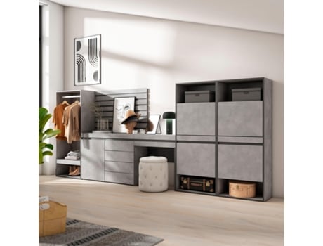 Sapateira 357X145X35 Cm para Quarto Dormitório Roupeiro Aberto Cómoda Tiras Deco. Madeira Toucador Cimento SKRAUT HOME