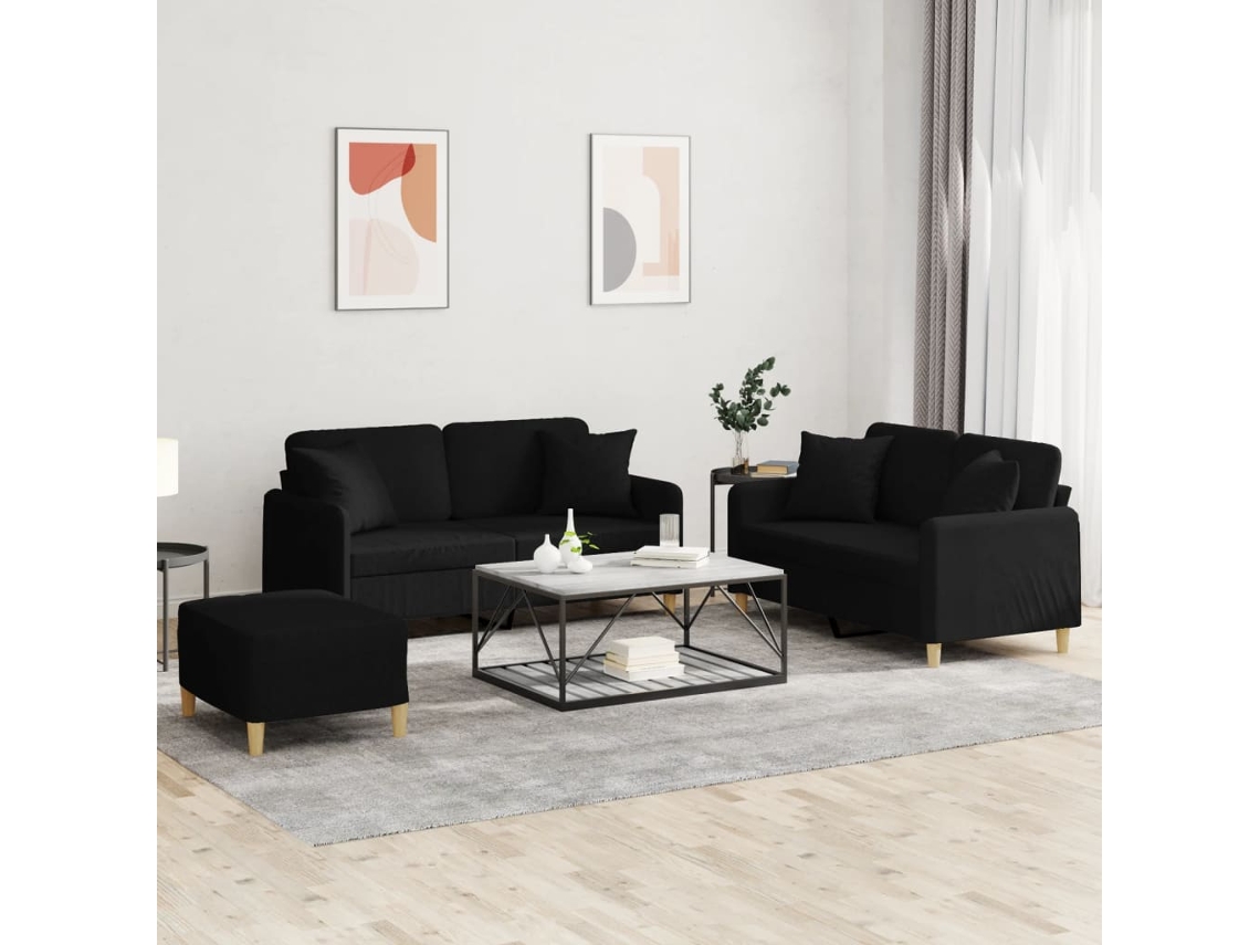Vidaxl 3 Pcs Conjunto De Sofás Com Almofadas Tecido Preto