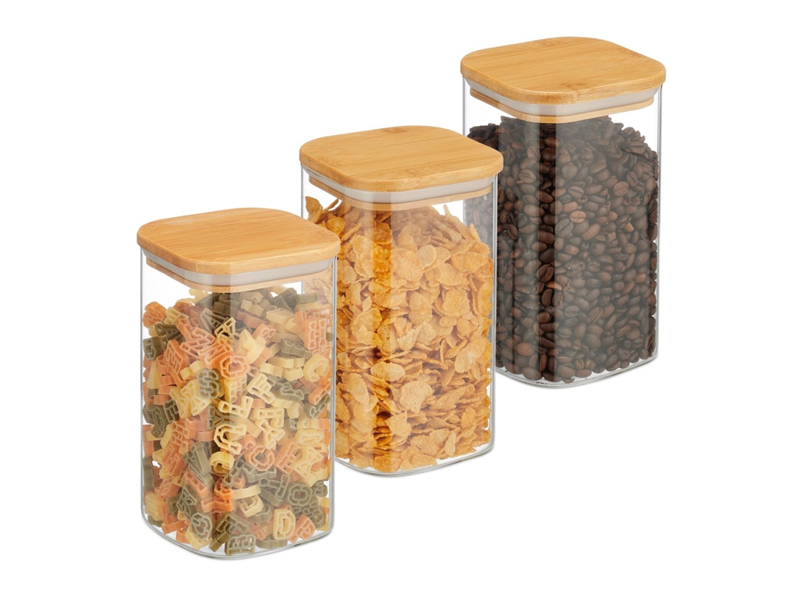 Conjunto Com 3 Potes De Vidro Com Tampas Herméticas De Bambu