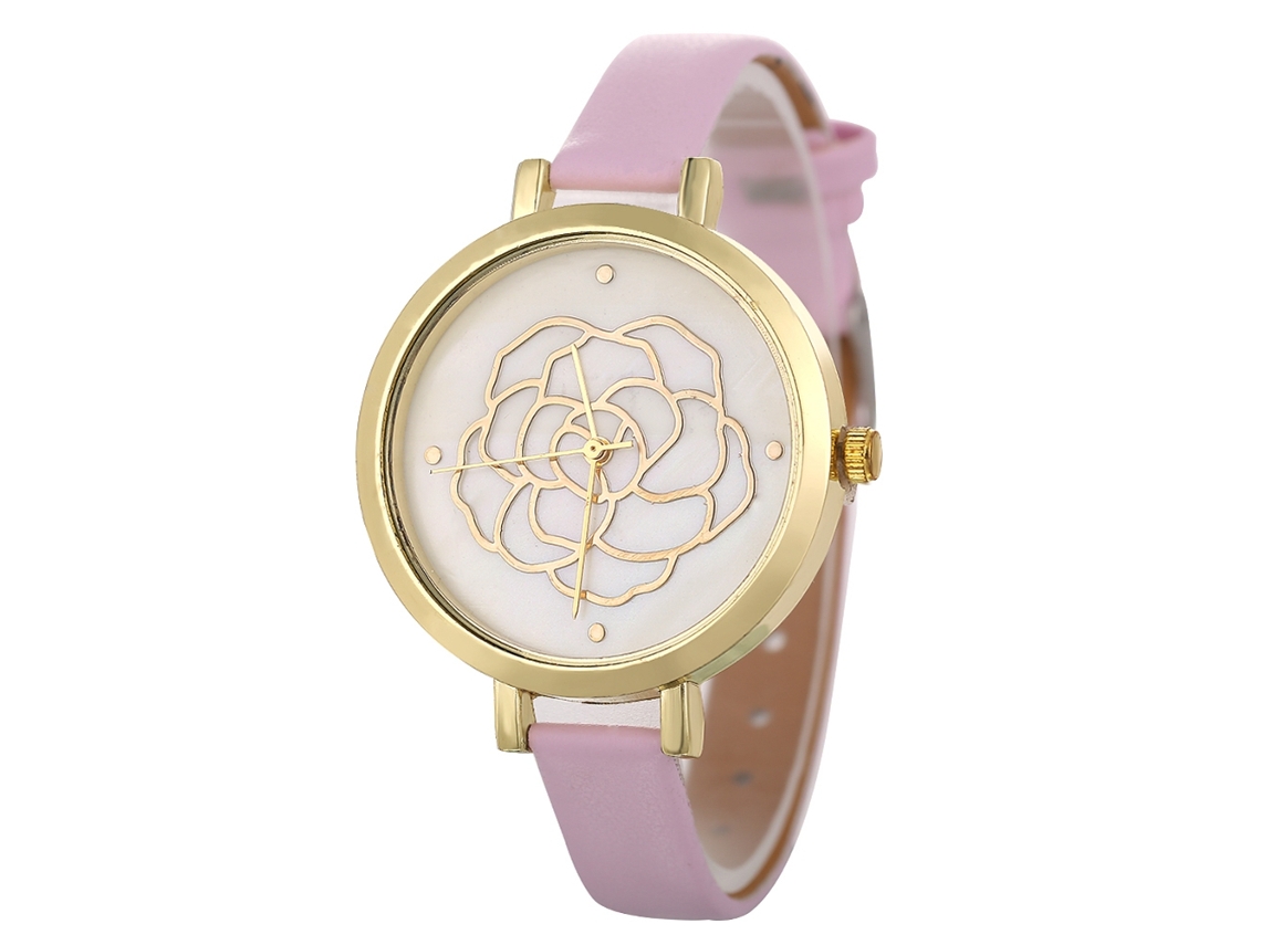 Relógio Feminino de Couro Rosa com Mostrador Redondo e Movimento de Quartzo Fashion