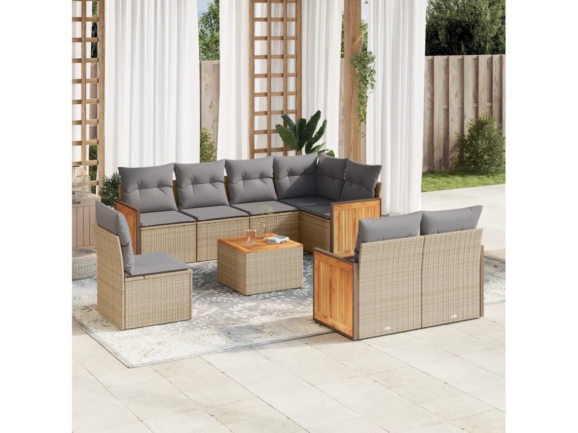Vidaxl 9 Pcs Conjunto de Sofás P/ Jardim com Almofadões Vime Pe Bege