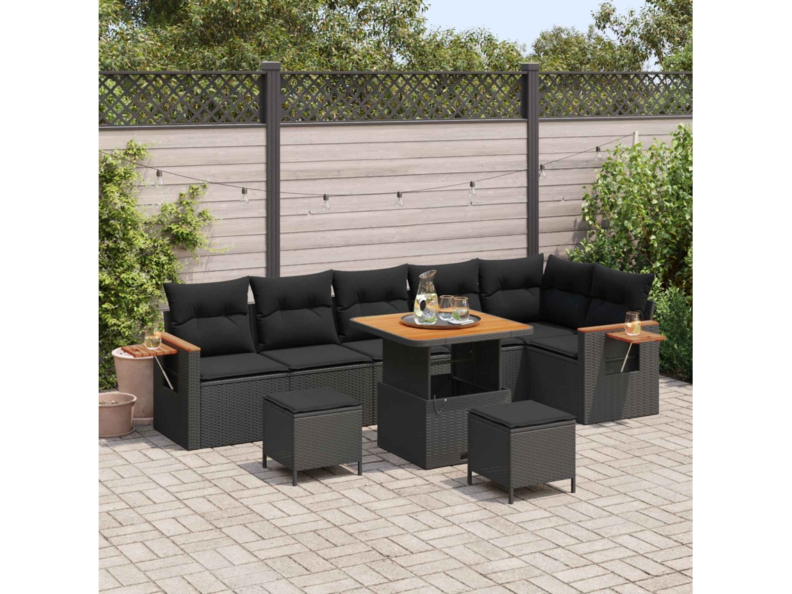 Vidaxl Conjunto De Sofá De Jardim 9 Pcs Preto Vime Pe