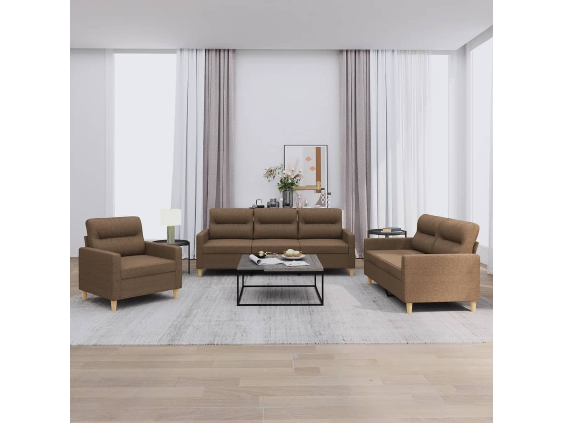 Vidaxl 3 Pcs Conjunto De Sofás Com Almofadões Tecido Castanho