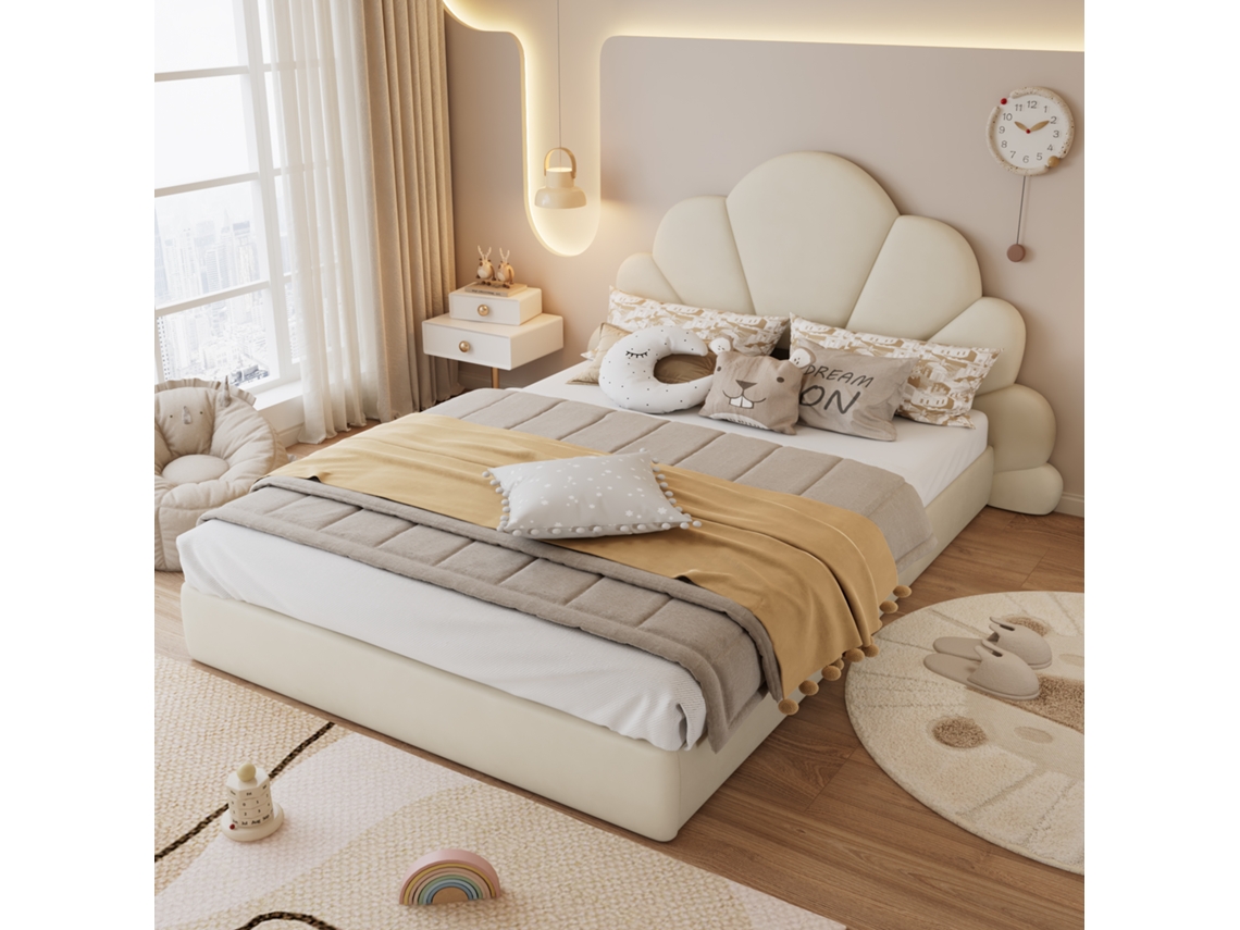 Cama De Casal Estofada, Cabeceira Com Pétalas Curvas, Simples, Estiloso E Confortável, Estrutura De Cama Moderna, Veludo, Bege, 140x200cm Cs