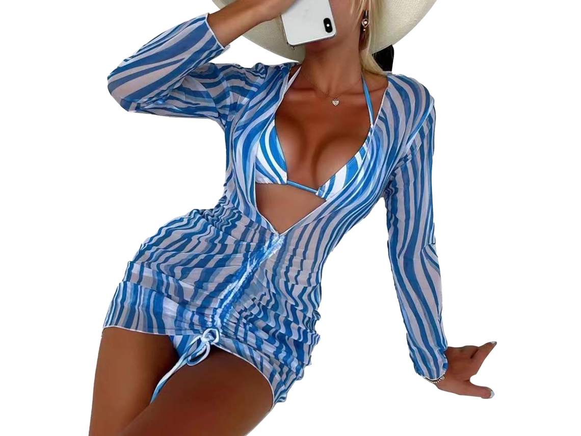 Maiô Biquíni 2 Peças Manga Longa Malha Azul Branco GG