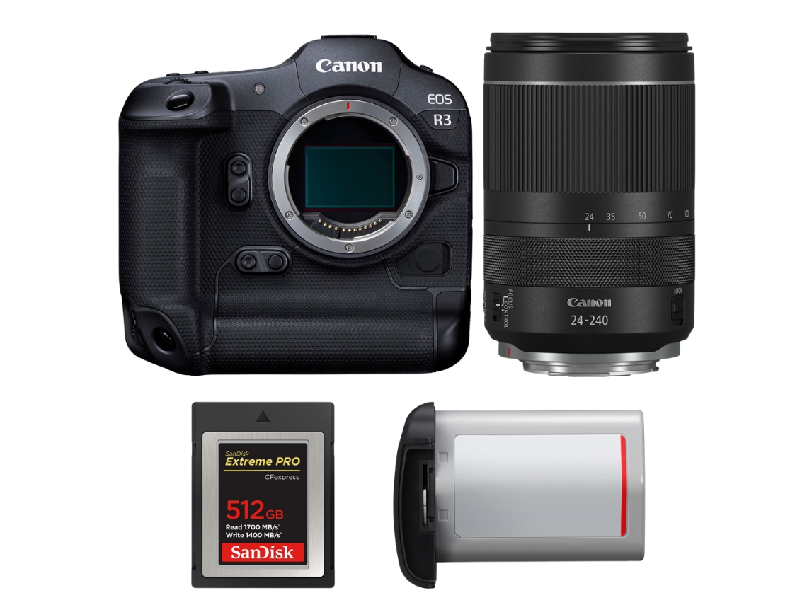 Eos R3 + Rf 24 240mm F/4 6.3 Is Usm + 1 Sandisk 512gb Extreme Pro Cfexpress Type B + Canon Lp e19 + Ebook “20 Dicas para Fotos Que Impressionam” CANON