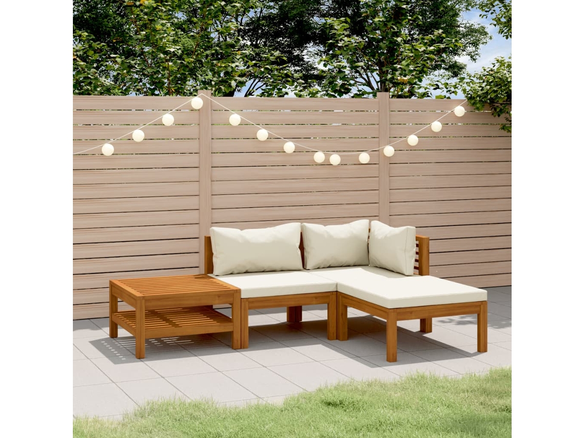 Vidaxl 4 Pcs Conjunto Lounge Jardim C/ Almofadões Creme Acácia Maciça