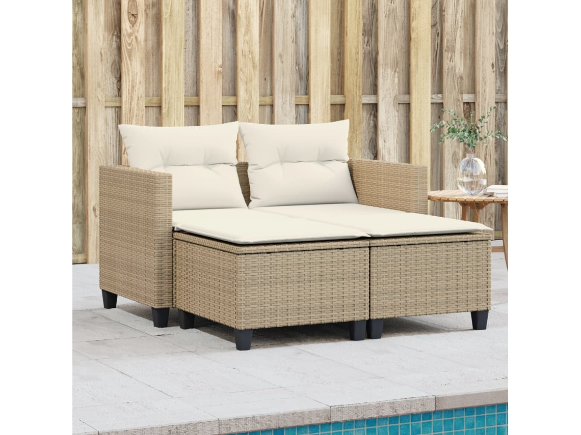 Vidaxl Sofá De Jardim De 2 Lugares Com Toldo E Bancos Vime Pe Bege