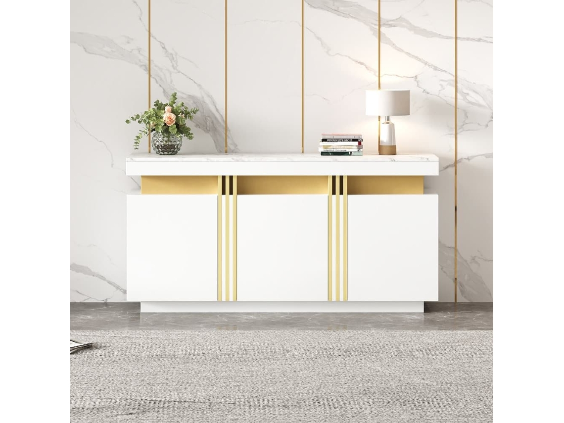 Móvel Auxiliar 140x38x70 Cm - 3 Portas, Com Compartimentos Ajustáveis E Costuras Platina - Branco