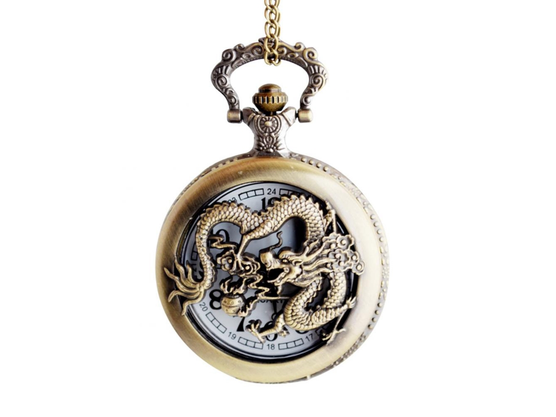 Relógio de bolso de quartzo para casais, estilo chinês, em liga metálica com padrão de dragão vazado.