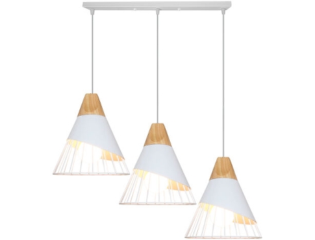 Lustre 3 Luzes em Barra, Luminária de Madeira e Metal para Restaurante