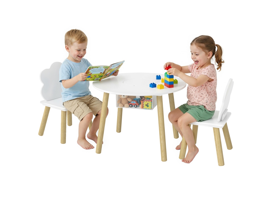 Conjunto De Mesa Infantil Com Cadeiras E Espaço Para Armazenamento, 3 Peças, Em Branco E Natural, Para Salas De Jogos E Quartos