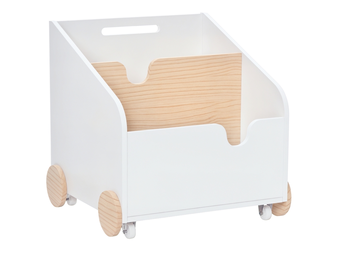 Caixa de Armazenamento 40x43x43cm Branca e Natural em Madeira, Duas Seções com Rodas e Alça para Guardar Brinquedos Infantis. Ge