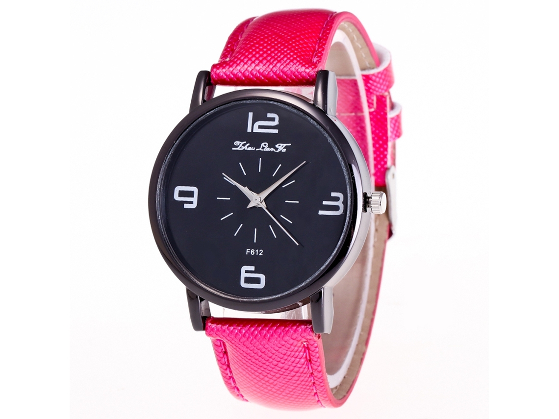 Relógio de quartzo com pulseira de couro, estilo simples e cristal rosa.