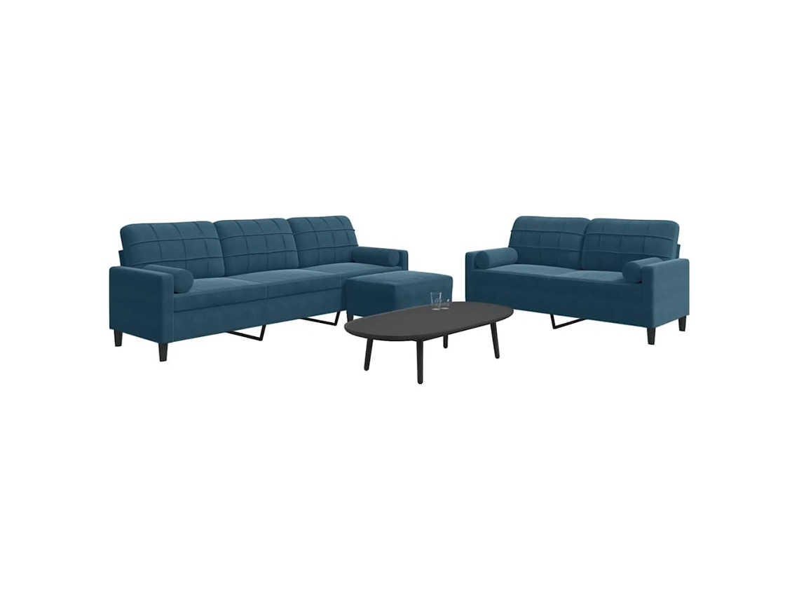 Vidaxl 3 Pcs Conjunto De Sofás Com Almofadões E Rolos Veludo Azul
