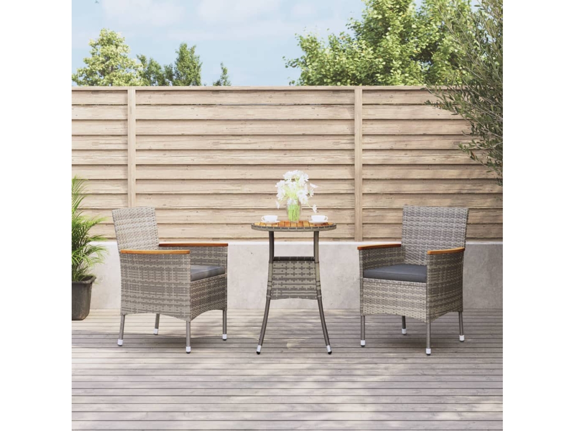Vidaxl 3 Pcs Conjunto Bistrô De Jardim C/ Almofadões Vime Pe Cinza