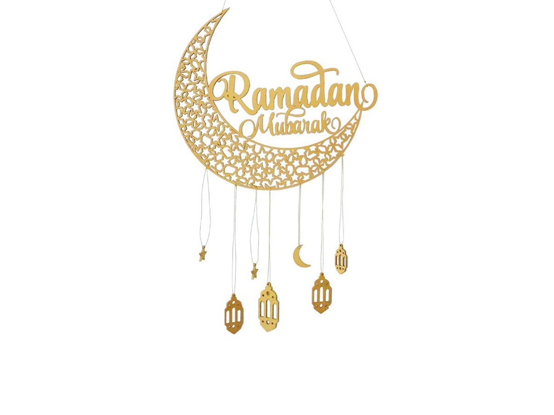 Pendente de Madeira com Lua Dourada para Eid Ramadã