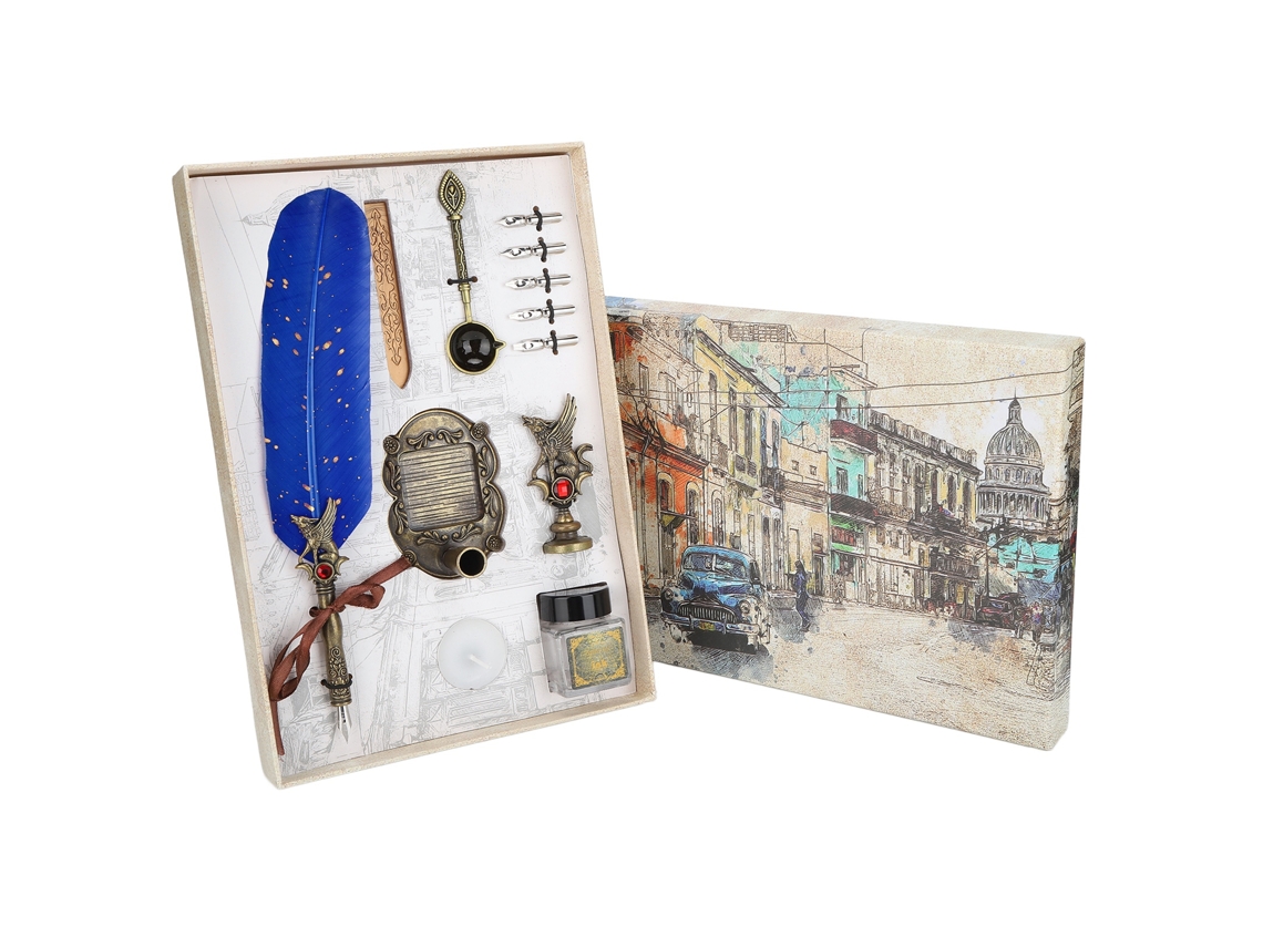 Definir Pluma Pluma de Ave Estilo Clásico Retro Pluma de Tinta para Caligrafía Regalo de Vacaciones Azul