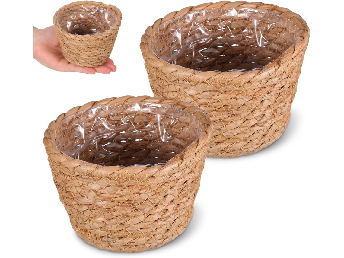 2 Cestos Rústicos para Plantas, Feitos À Mão com Junco Seco e Filme Pe,s Ao Desgaste e Seguros para Decoração de Casa. CHABERLU
