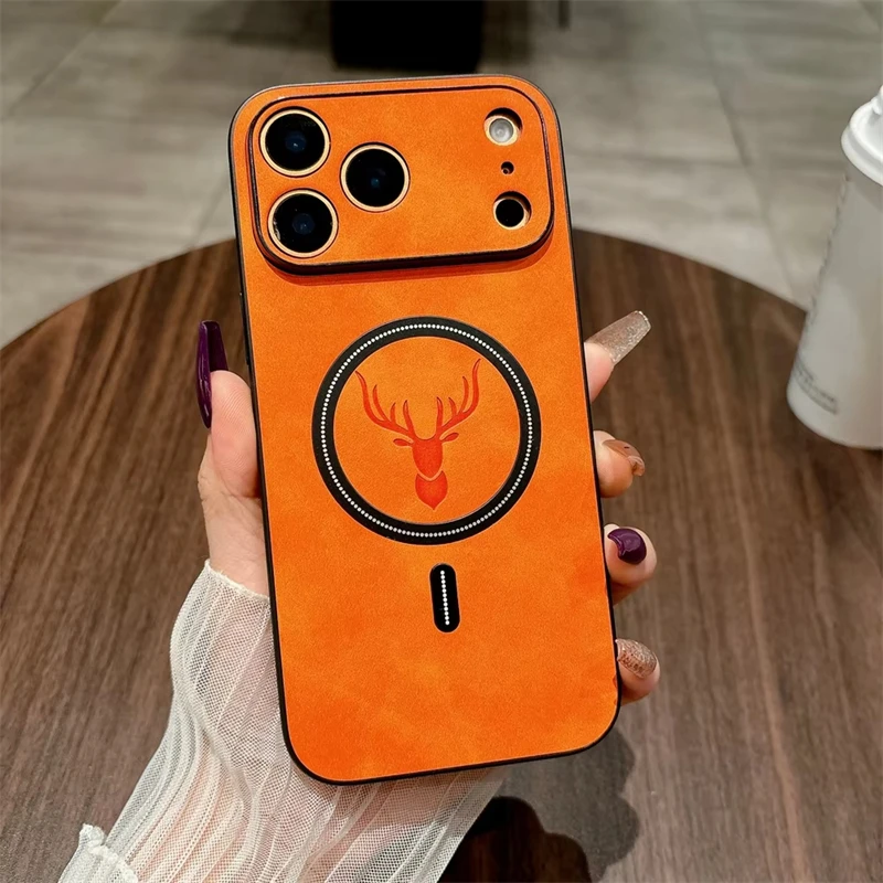 Capa Para Iphone 11 Em Couro Pu Com Estampa De Veado E Carregamento Sem Fio Magnético Magsafe.