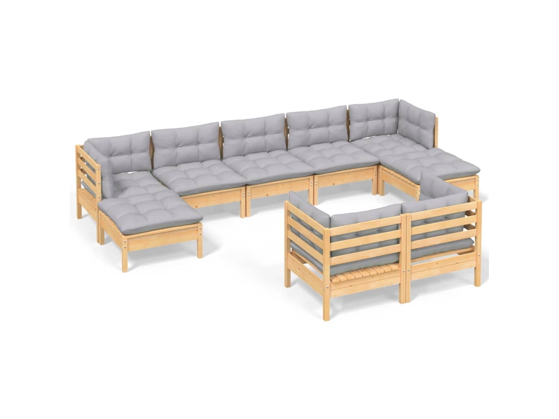 Conjunto de 9 Lounge de Jardim com Almofadões Cinza Pinho Maciço MAISON EXCLUSIVE