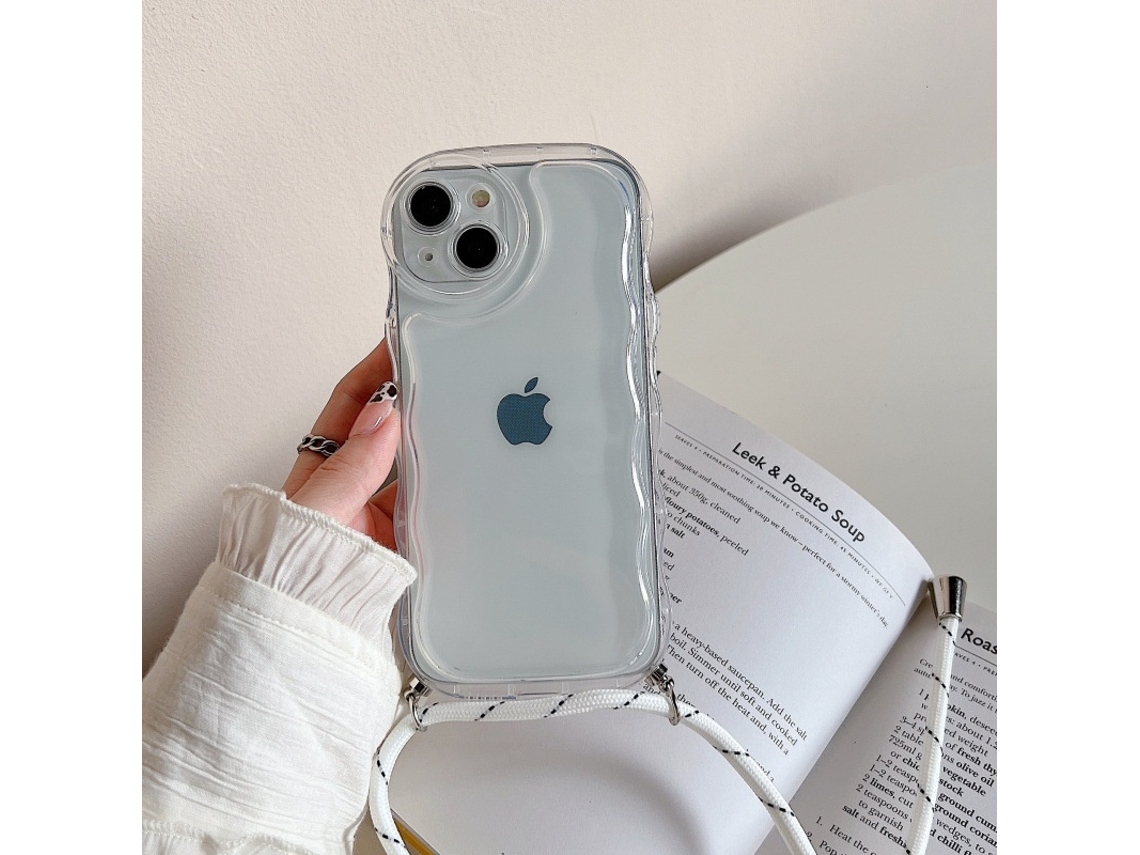 Capa Transparente Branca Com Estampa De Ondas E Almofada De Ar, Cordão Branco E Preto, Alça Transversal Transparente Com Estampa De Ondas E Almofada D