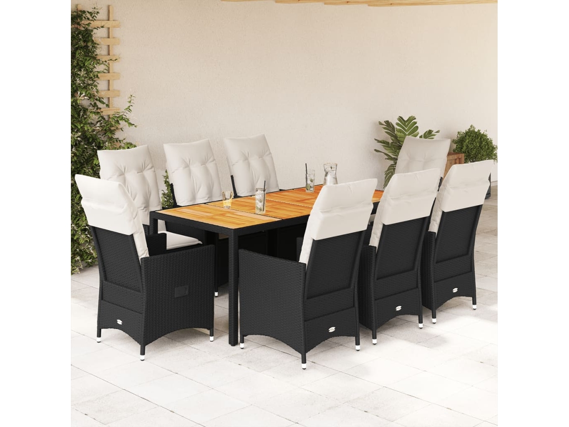 9 Pcs Conjunto De Jantar P/ Jardim C/ Almofadões Vime Pe Preto Dkd Home Decor