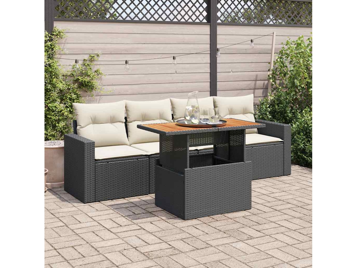 Vidaxl 5 Pcs Conjunto Sofás De Jardim Com Almofadões Vime Pe Preto