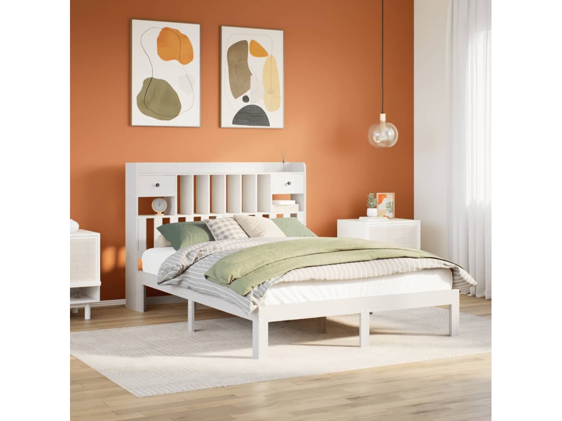 Vidaxl Cama Com Estante Sem Colchão 140x200 Cm Pinho Maciço Branco