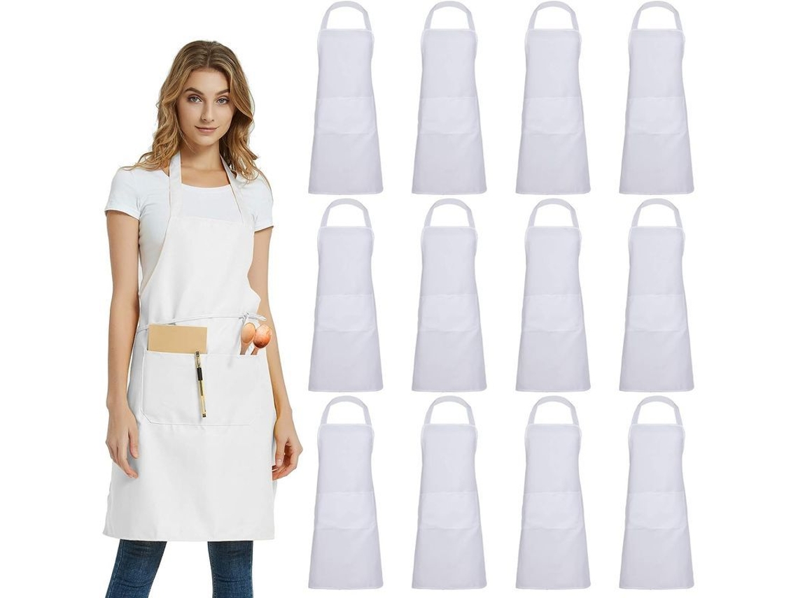 2026 delantal Plano com 2 Bolsos Pacote de 12 Unisex Branco para Cozinha Restaurante Pintura Manualidades