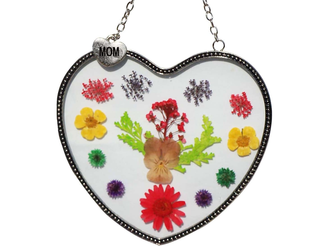 Apanhador De Sol Coração Mãe Vidro Com Flor Prensada E Rosa Presentes Aniversário A Ela 5 * 6 0, 25