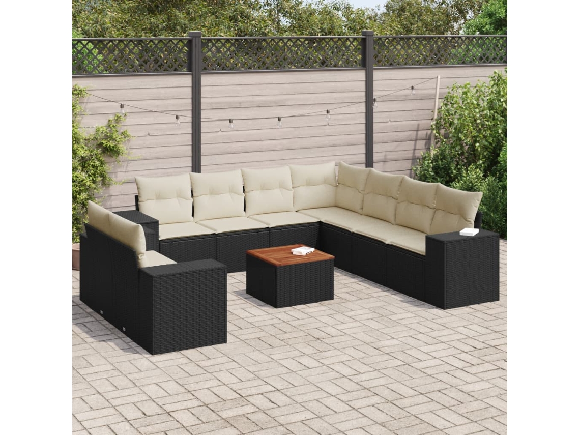 Vidaxl 10 Pcs Conjunto Sofás De Jardim C/ Almofadões Vime Pe Preto
