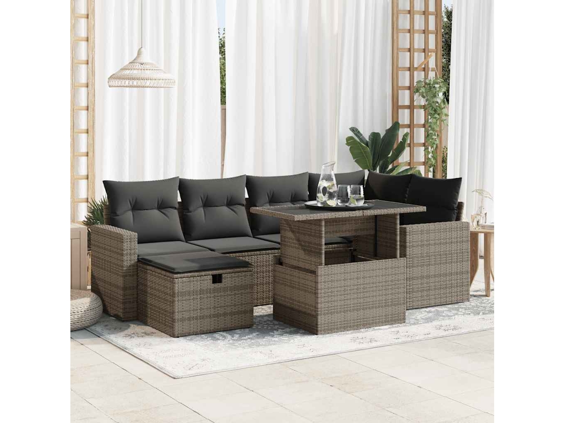 Vidaxl 7 Pcs Conjunto Sofás P/ Jardim C/ Almofadões Vime Pe Cinzento