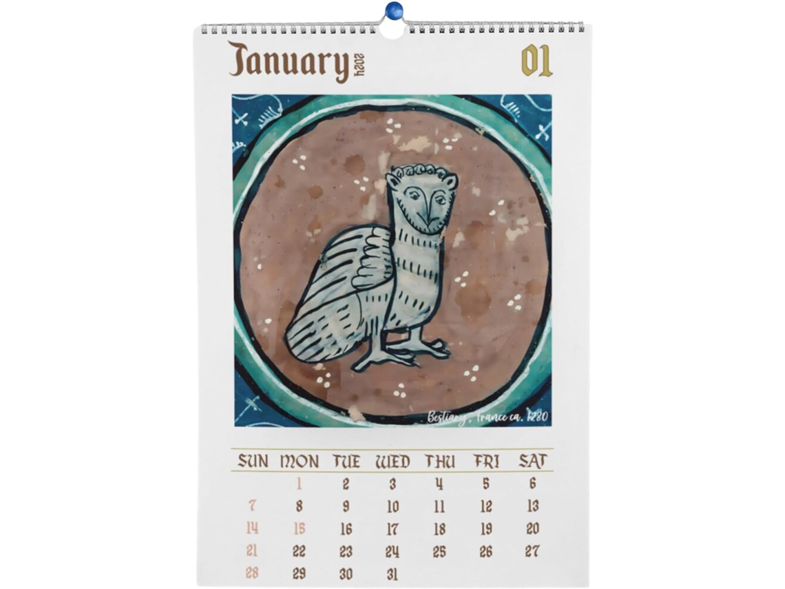Calendário De Parede Mensal 2024 Com Corujas Penduradas- Divertidas Pinturas Medievais| Feias 30 X 21 Cm